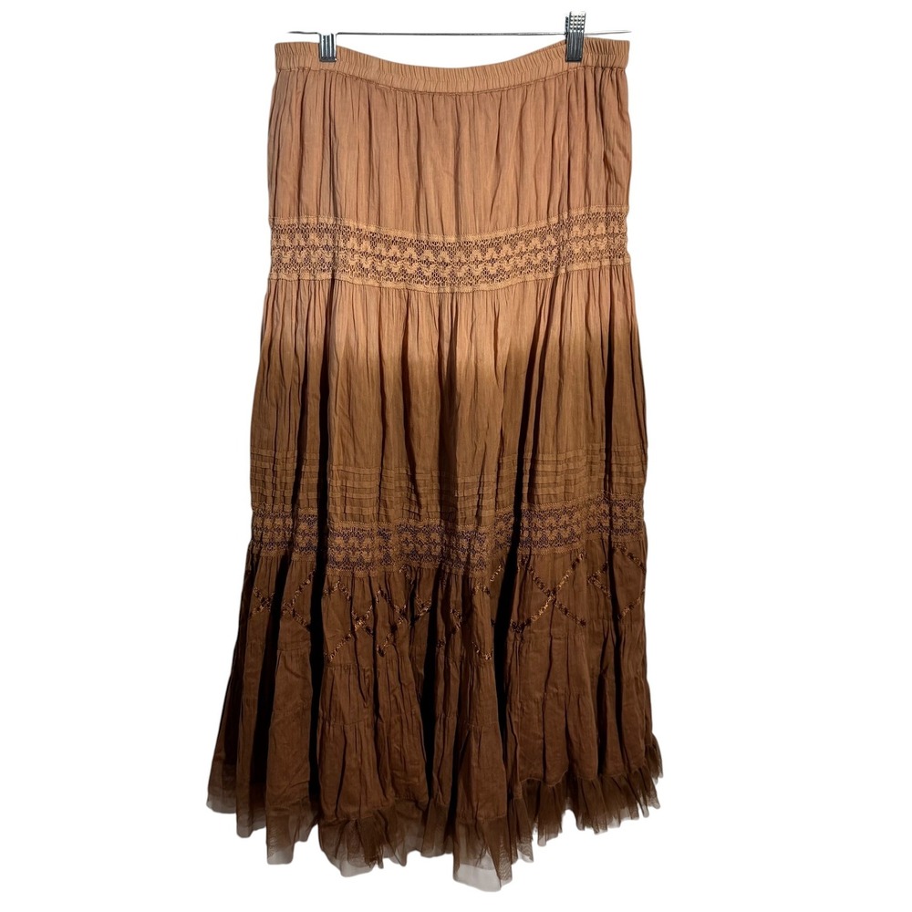 Harold's Fairy Ombre Cotton Maxi Skirt M Boho Crochet Lace Tiered Tulle Trim